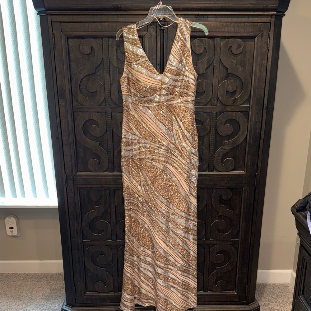 R & M Richards Tan and Gold Evening Dress